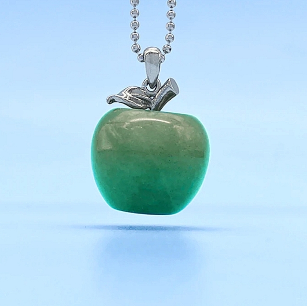 Green Aventurine Apple Pendant Necklace Natural Stone 18" Ball Chain